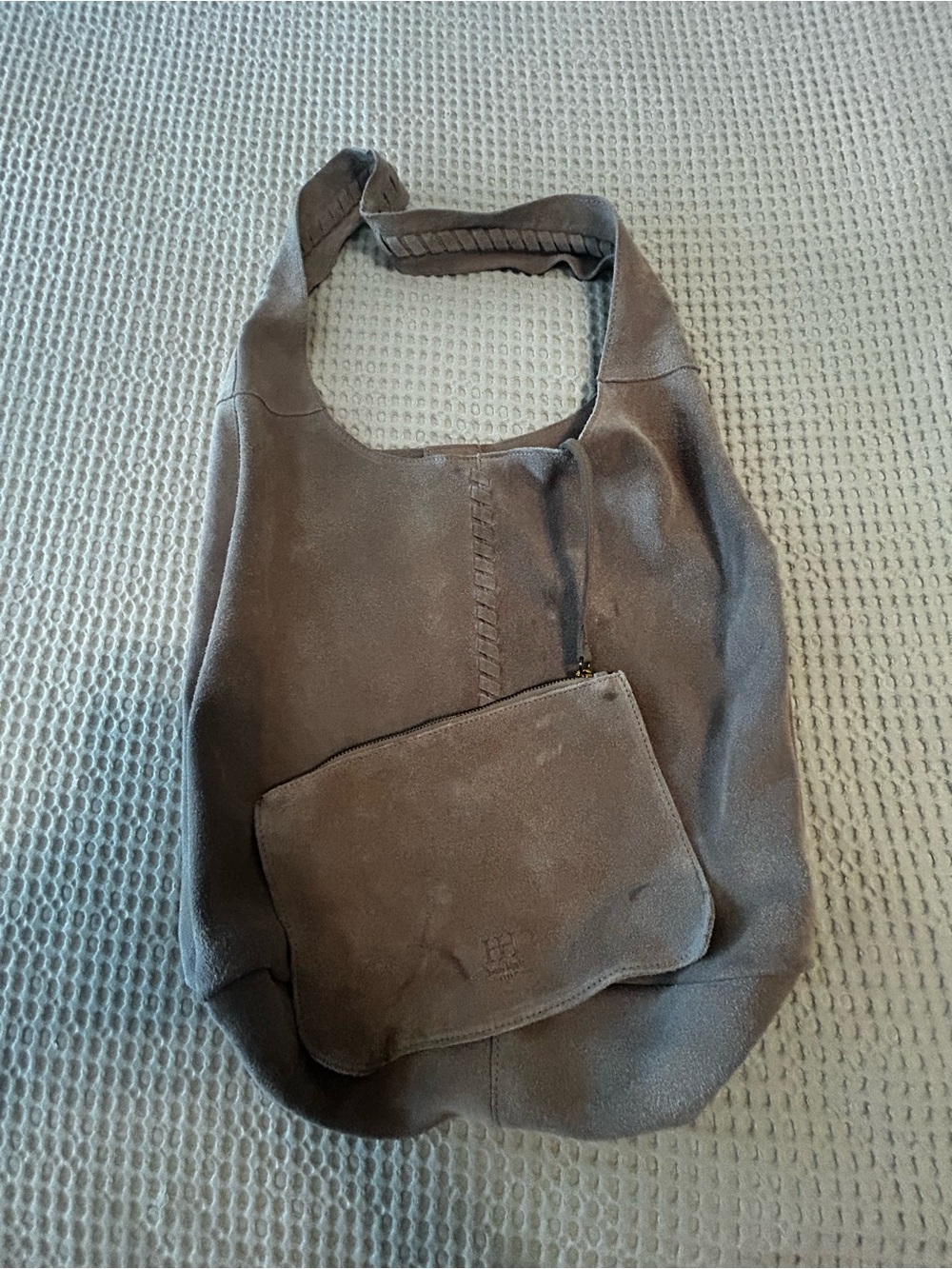 Haute Hippie Taupe Suede Hobo Bag with Zip Pouch